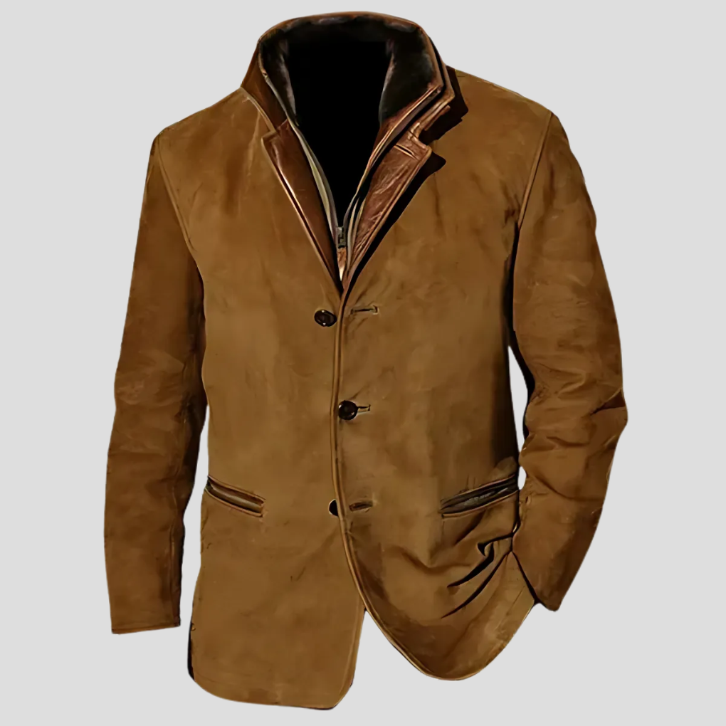 Closeup of a men's casual retro jacket featuring a unique contrast collar, single-breasted design