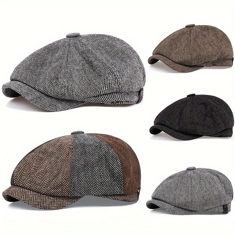 Men's retro flat cap with herringbone pattern, vintage look accessory.