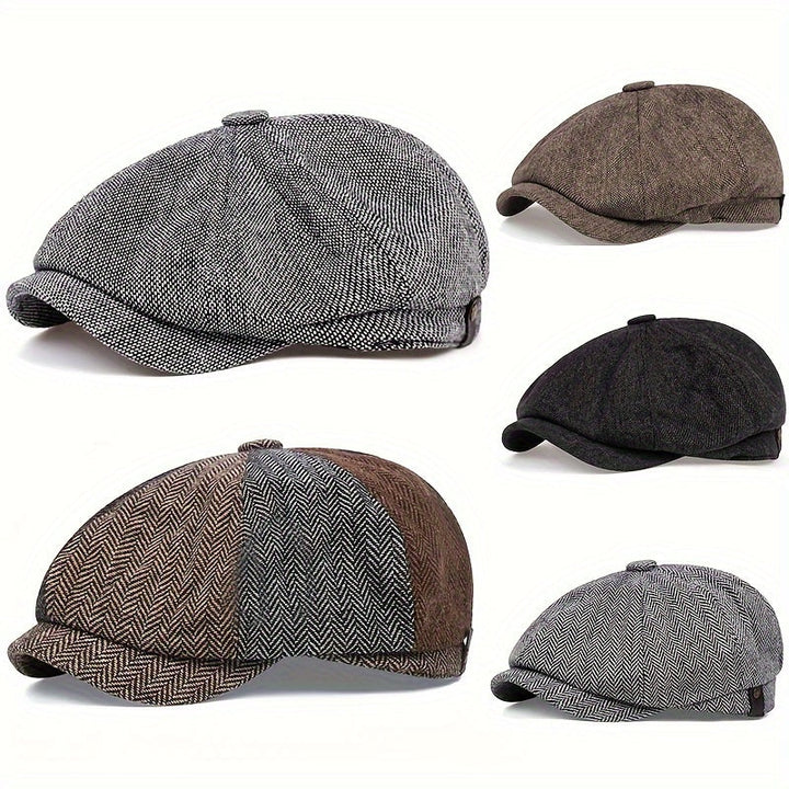 Men's retro flat cap with herringbone pattern, vintage look accessory.