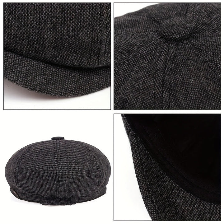 Elegant men's retro flat cap with a timeless herringbone pattern, vintage accessory.