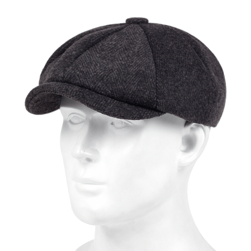 Men's classic flat cap, herringbone, retro style, essential vintage accessory.