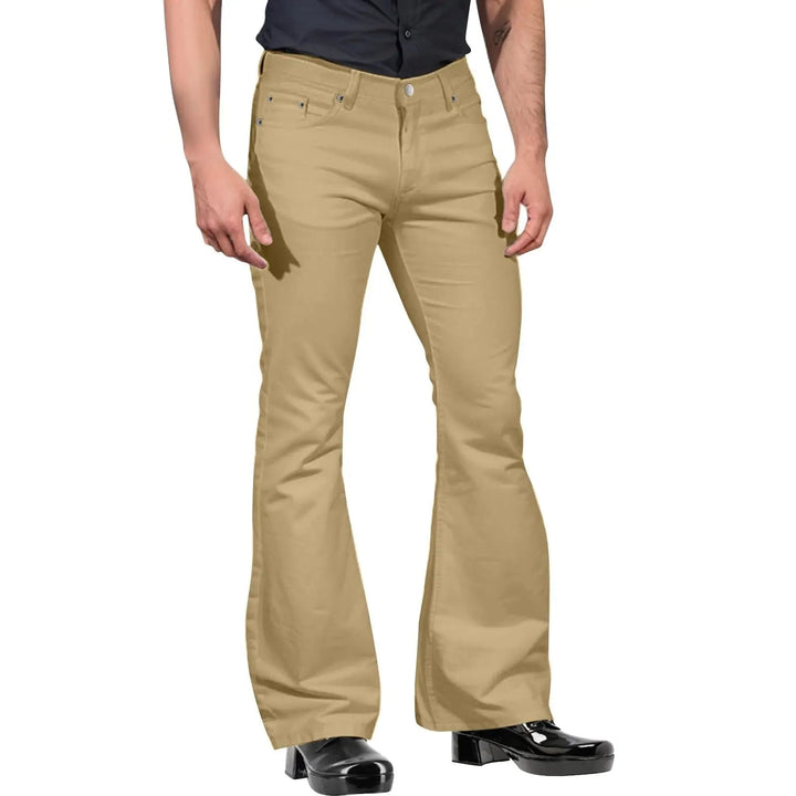 Men's retro khaki flared leg trousers, tailored fit, ideal for smart casual or formal men's fashion. Stretch comfort.