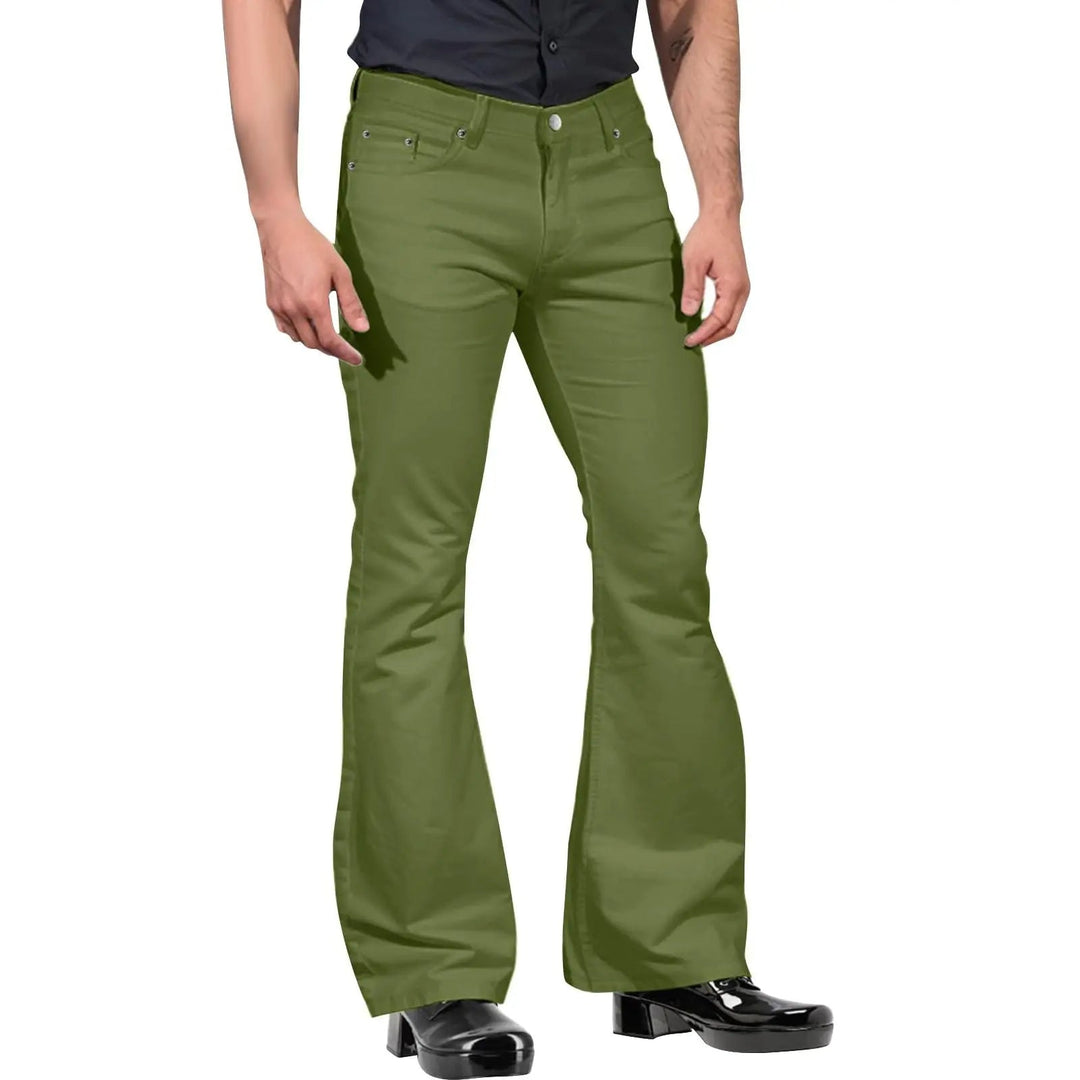 Khaki men's stretch flared leg trousers with a tailored retro design, offering comfort and style for modern men's fashion.