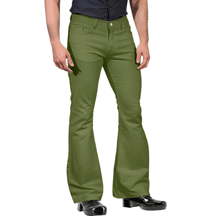 Khaki men's stretch flared leg trousers with a tailored retro design, offering comfort and style for modern men's fashion.