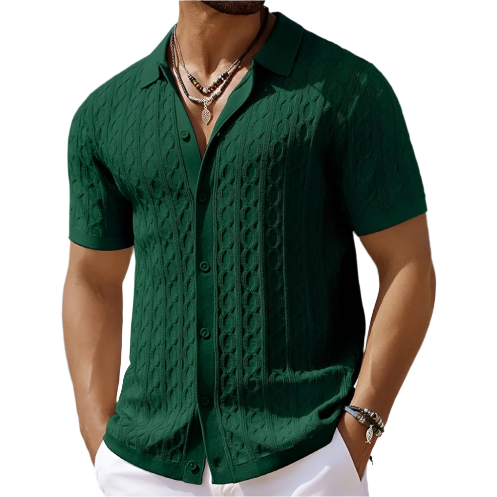 Men's retro patterned polo shirt, stylish casual top for everyday wear.