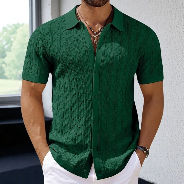 Retro style men's polo, vibrant pattern, comfortable and versatile for casual or smart occasions.