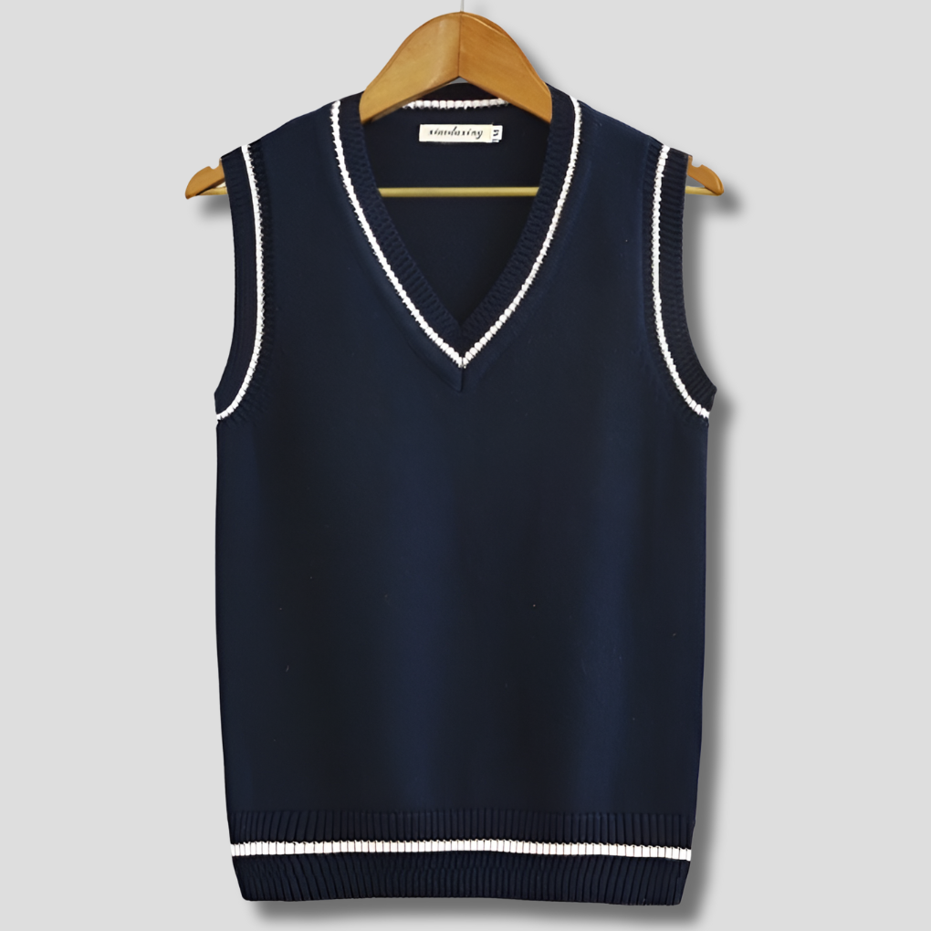 Men's retro striped V-neck pullover vest. Preppy sleeveless knit for layering casual autumn spring outfits.
