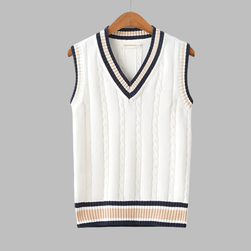 Preppy men's retro striped V-neck vest. Sleeveless pullover perfect for layering in spring & autumn fashion.