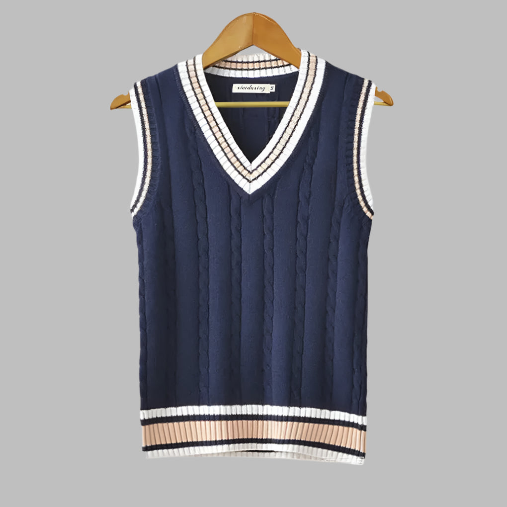 Classic men's striped V-neck pullover vest. Retro preppy sleeveless design, ideal for layered casual wear.