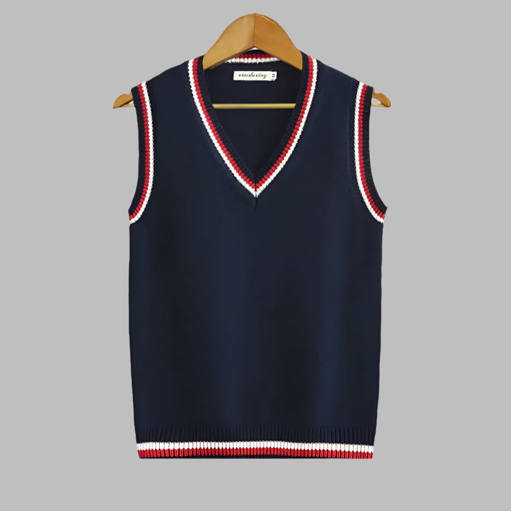 Men's preppy retro striped V-neck pullover vest. Sleeveless knit for stylish layering in spring autumn.
