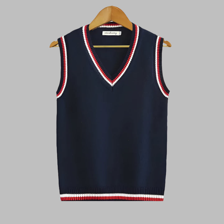 Men's preppy retro striped V-neck pullover vest. Sleeveless knit for stylish layering in spring autumn.