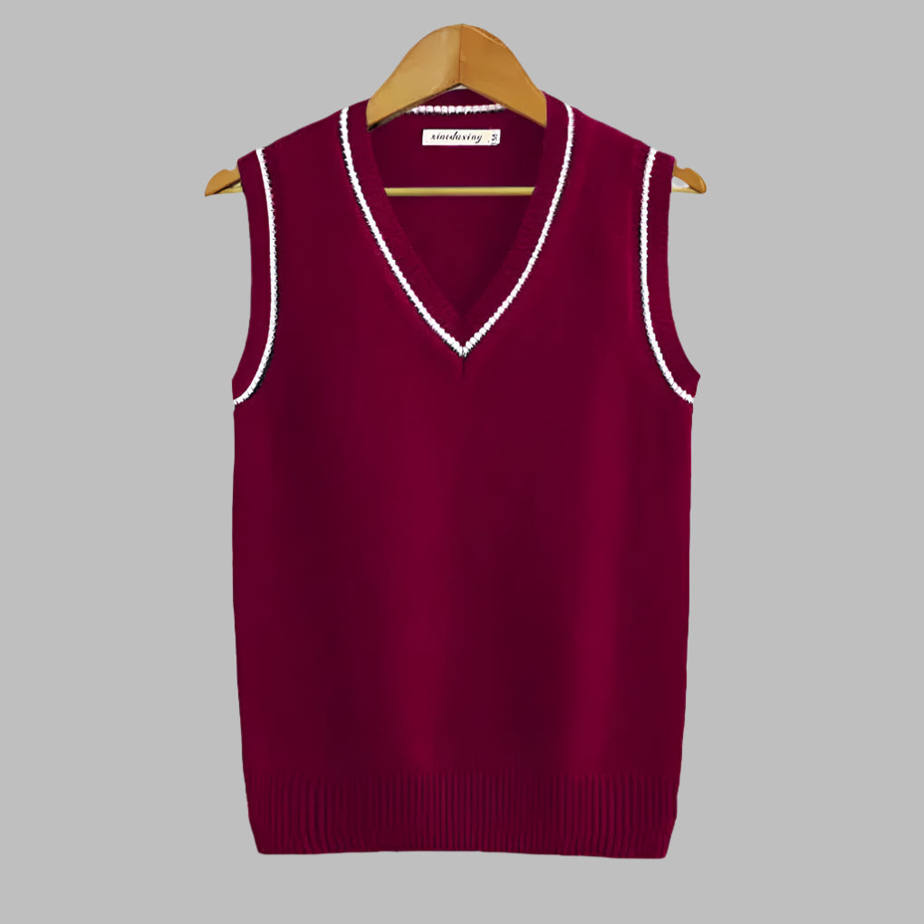 Fashionable men's retro striped V-neck vest. Preppy pullover, sleeveless knit for versatile casual layering.