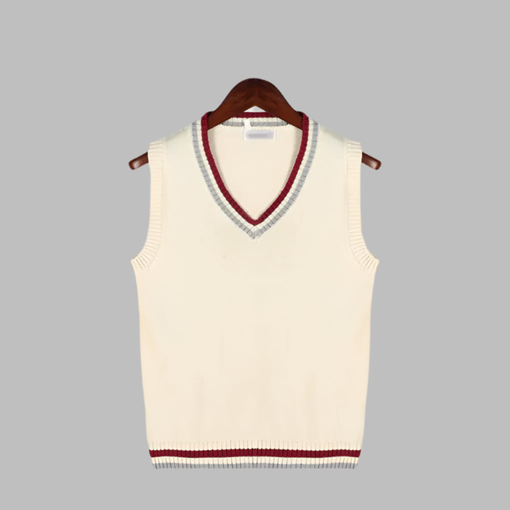 Men's casual V-neck pullover vest with retro stripes. Preppy sleeveless knit, ideal for layering in cooler weather.