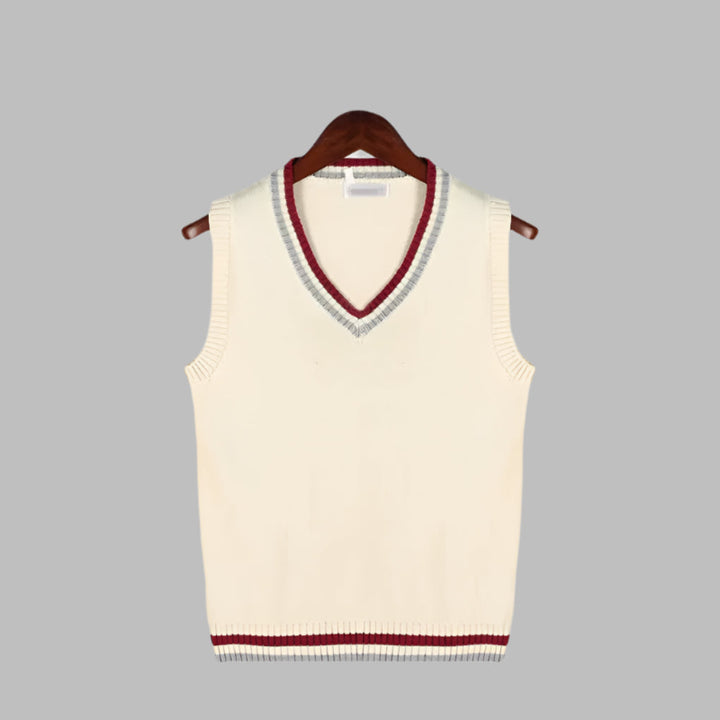 Men's casual V-neck pullover vest with retro stripes. Preppy sleeveless knit, ideal for layering in cooler weather.