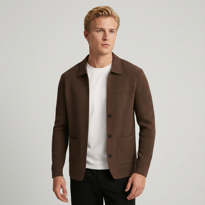 Men's ribbed collared cardigan in black. Smart button-front knit for versatile casual or smart-casual layering.