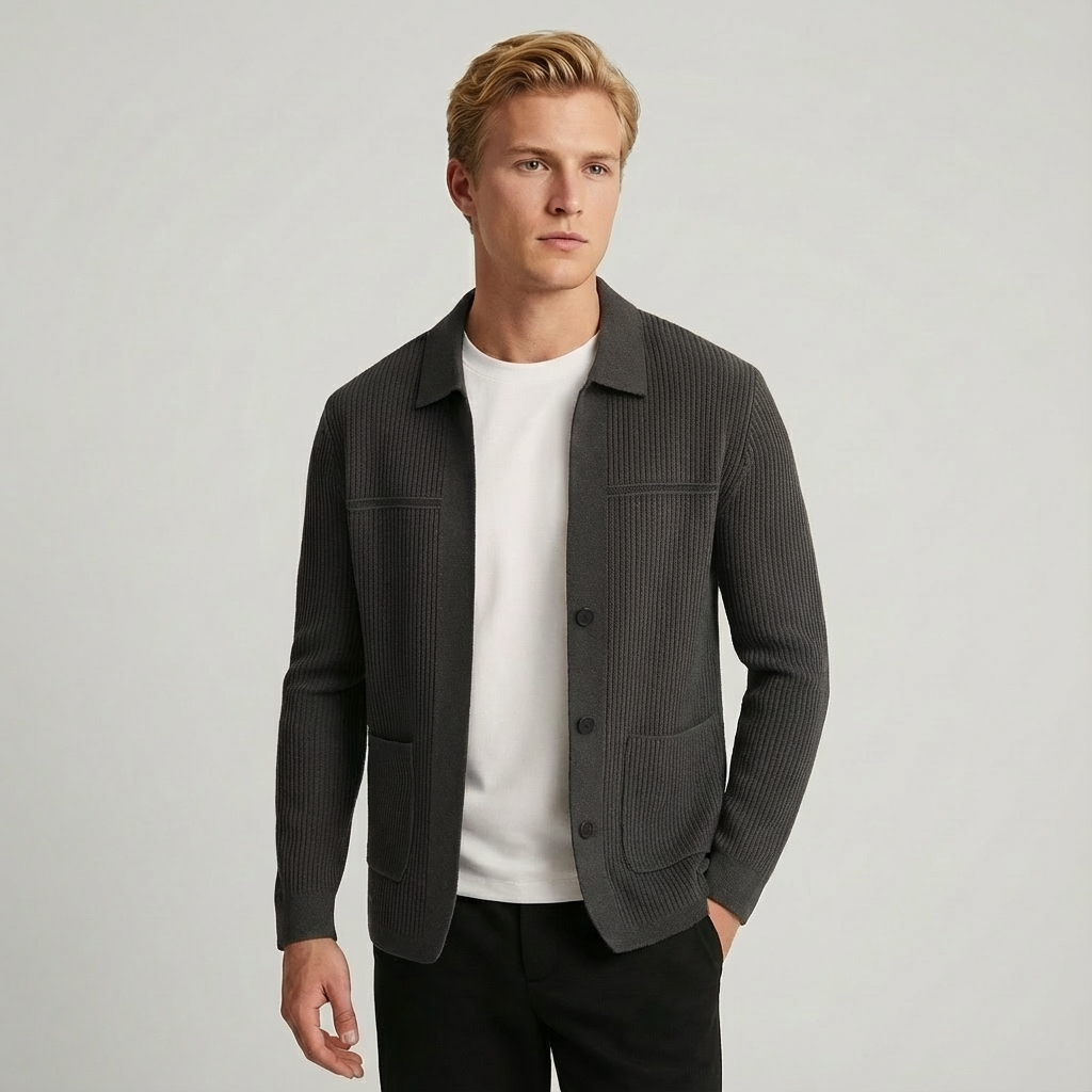 Men's collared ribbed cardigan. Smart button-front design blends professional polish with casual comfort.