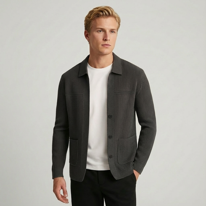 Men's collared ribbed cardigan. Smart button-front design blends professional polish with casual comfort.