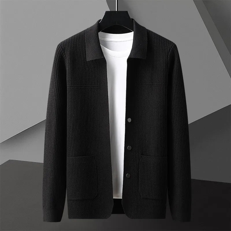 Soft ribbed texture men's collared cardigan. Button-front sweater, versatile for everyday or smart casual outfits.
