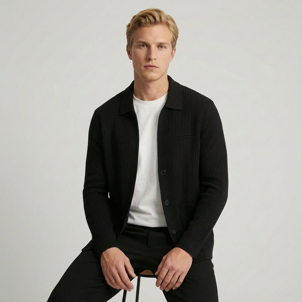 Essential men's ribbed collared cardigan. Long sleeve, button-front knit for smart layering in men's fashion.
