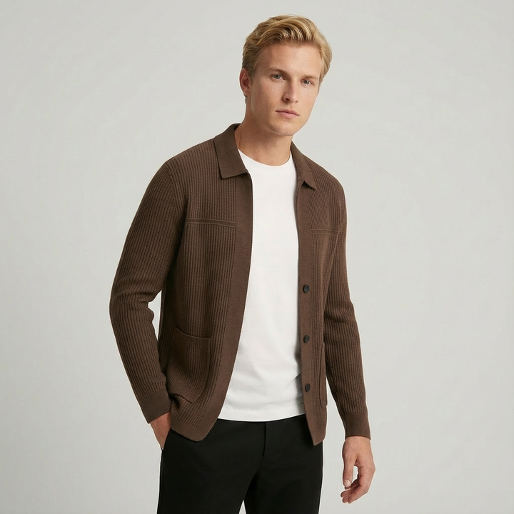 Comfortable men's ribbed knit cardigan with collar & long sleeves. Ideal everyday autumn fashion layer.