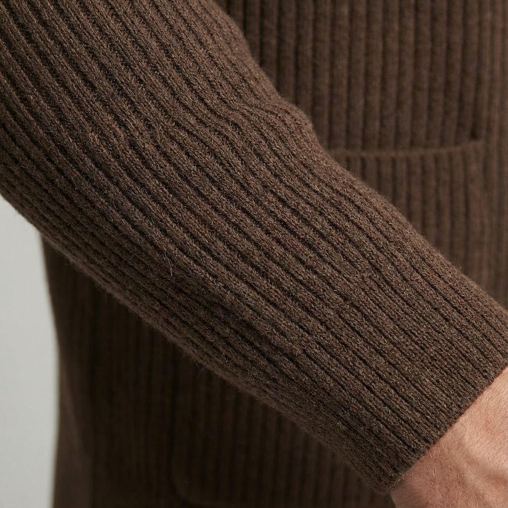 Stylish men's collared button-front cardigan, ribbed for texture. Perfect versatile smart casual addition.