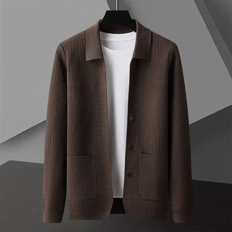Grey men's ribbed collared cardigan, long sleeve, with subtle button front. Essential men's clothing layer.