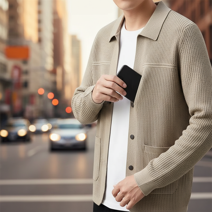 Versatile men's ribbed collared cardigan. Button-front design for smart or casual autumn layering & everyday wear.