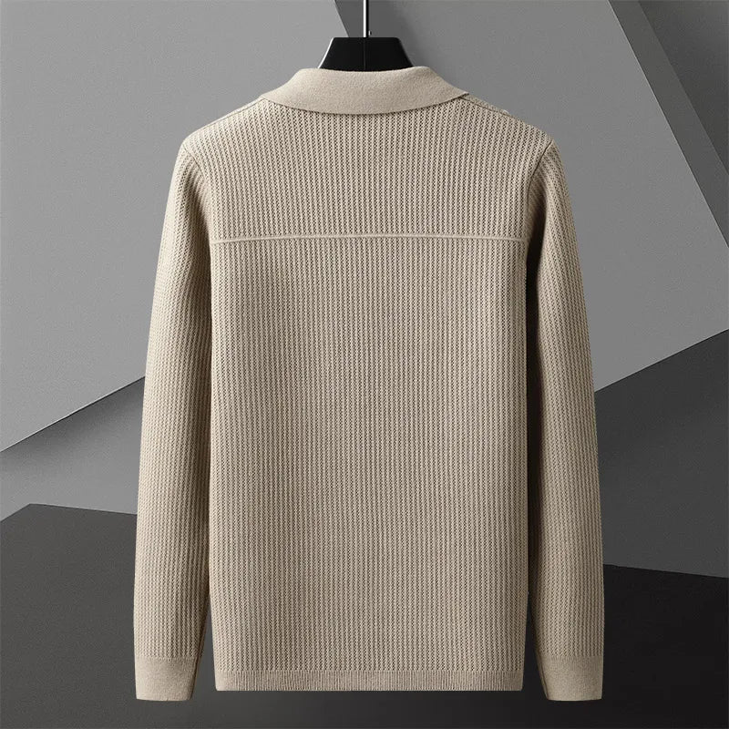 Men's smart casual ribbed collared cardigan. Button-front long sleeve sweater, perfect versatile wardrobe staple.
