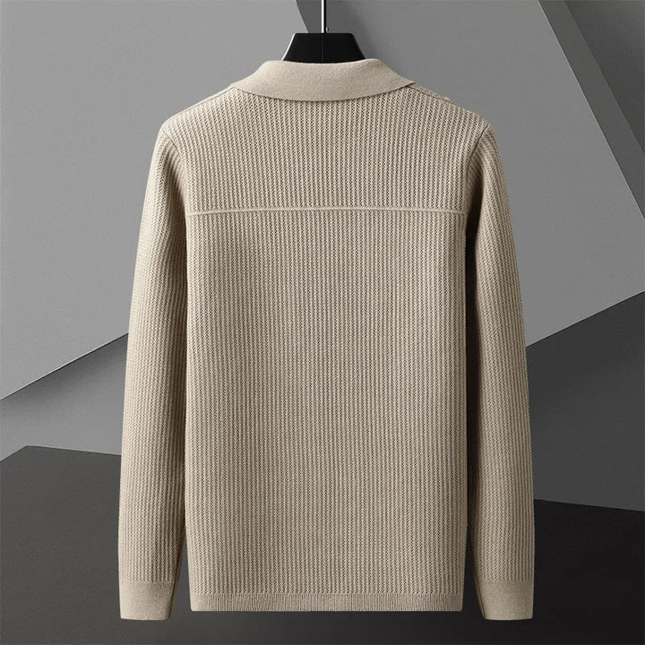 Men's smart casual ribbed collared cardigan. Button-front long sleeve sweater, perfect versatile wardrobe staple.