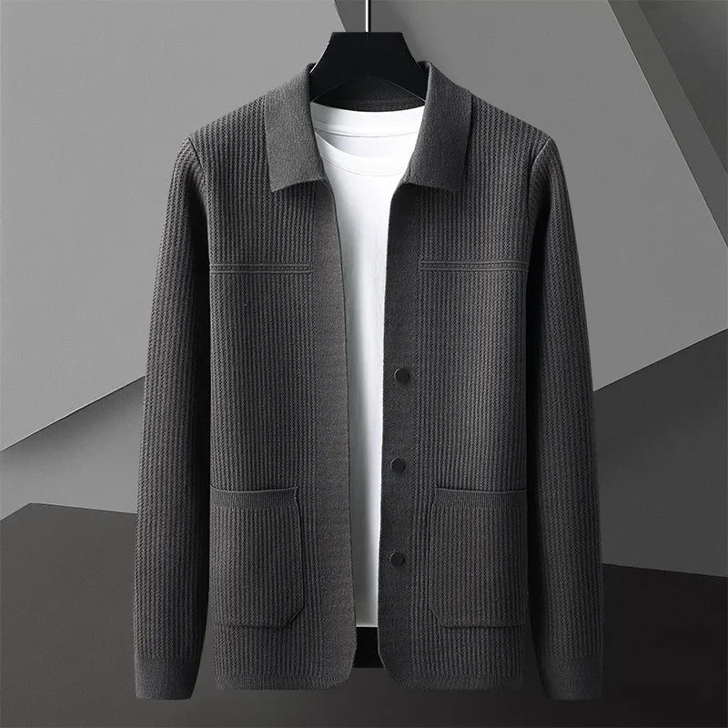 Autumn fashion men's ribbed collared cardigan. Button-front, long sleeve knit for warmth & smart layering.