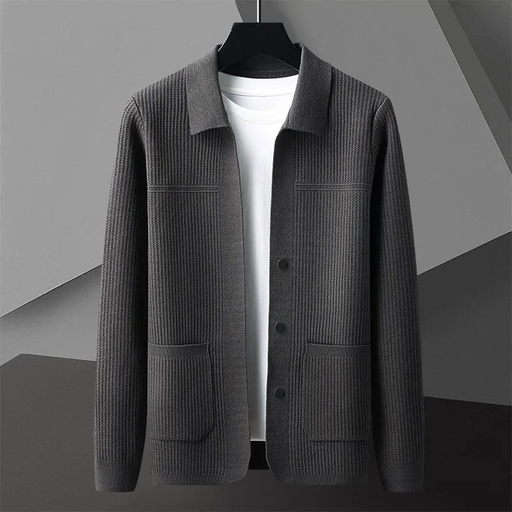 Autumn fashion men's ribbed collared cardigan. Button-front, long sleeve knit for warmth & smart layering.