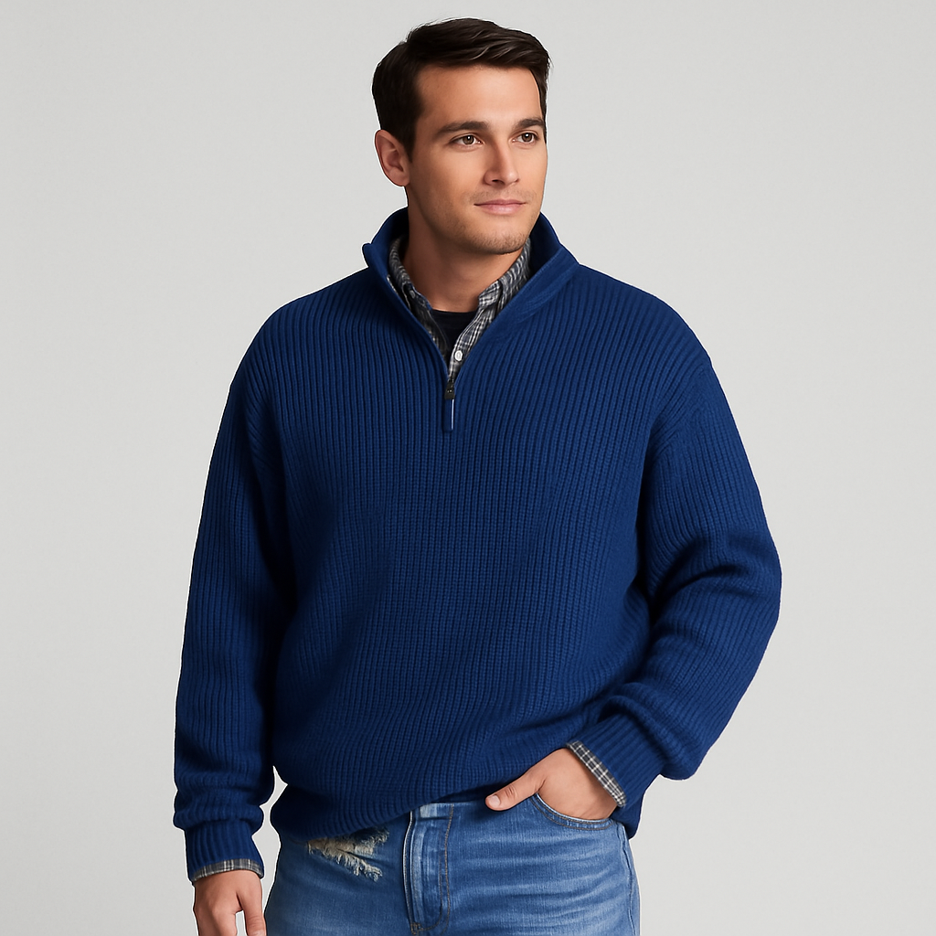 Men's ribbed half-zip pullover sweater in a neutral tone, perfect for spring casual wear.