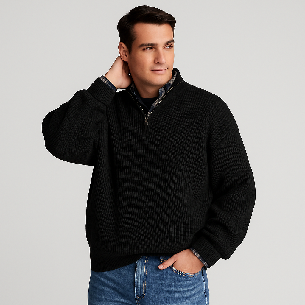 Front view of men's half-zip ribbed knit sweater, showing textured detail and stand-up collar.