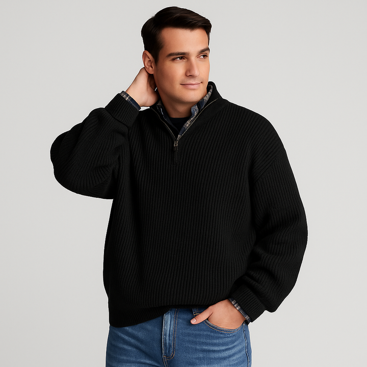Front view of men's half-zip ribbed knit sweater, showing textured detail and stand-up collar.