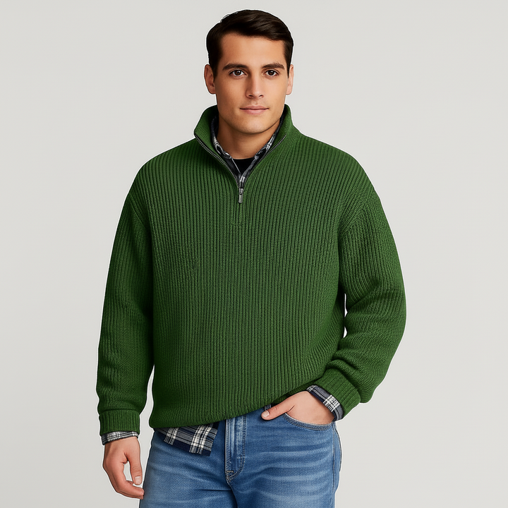Close-up of the ribbed knitting on a men's pullover sweater, highlighting the quality and texture.