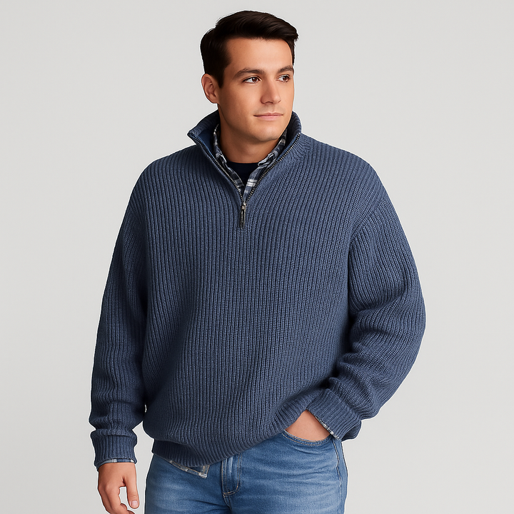 Men's apparel: a comfortable ribbed half-zip sweater, suitable for layering in spring fashion.