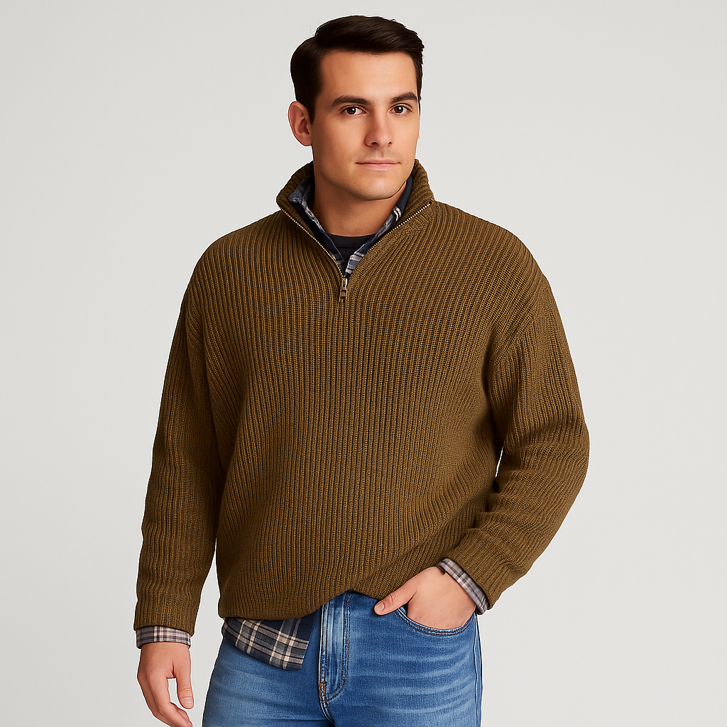 Side profile of a man wearing a dark ribbed half-zip pullover sweater, showcasing the fit.