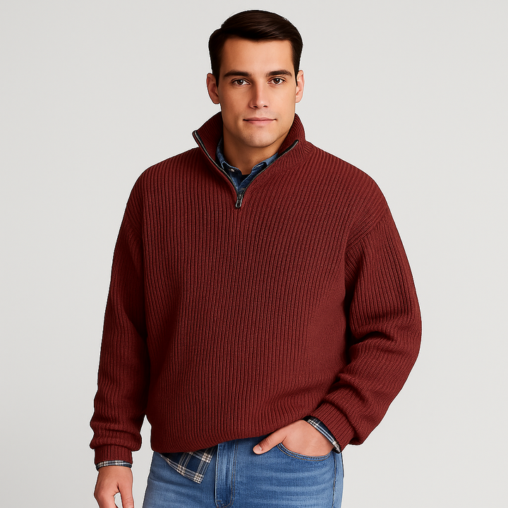Textured men's half-zip pullover sweater in ribbed knit, a staple for men's casual wear.