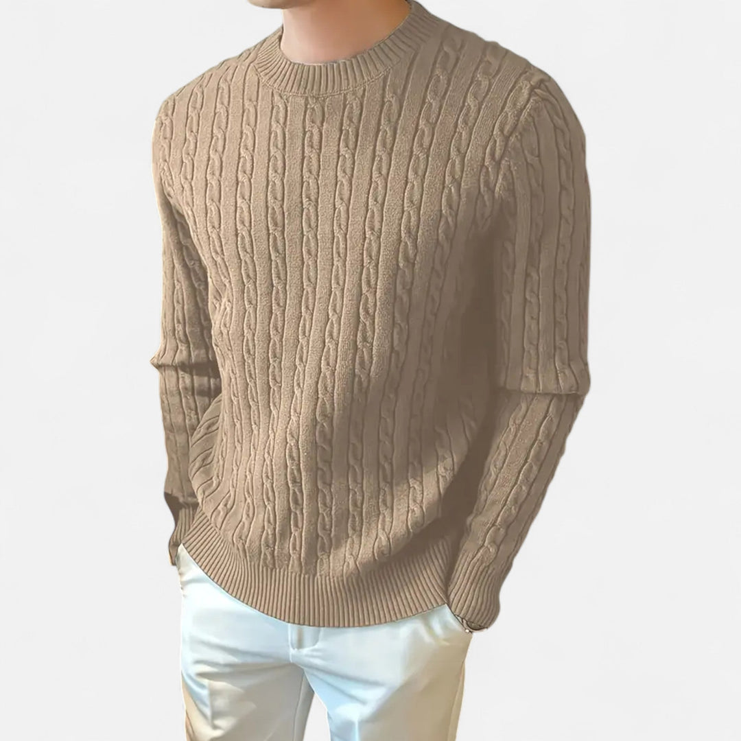 Men's ribbed knit crew neck sweater in a versatile autumn shade, perfect for casual & smart-casual looks.