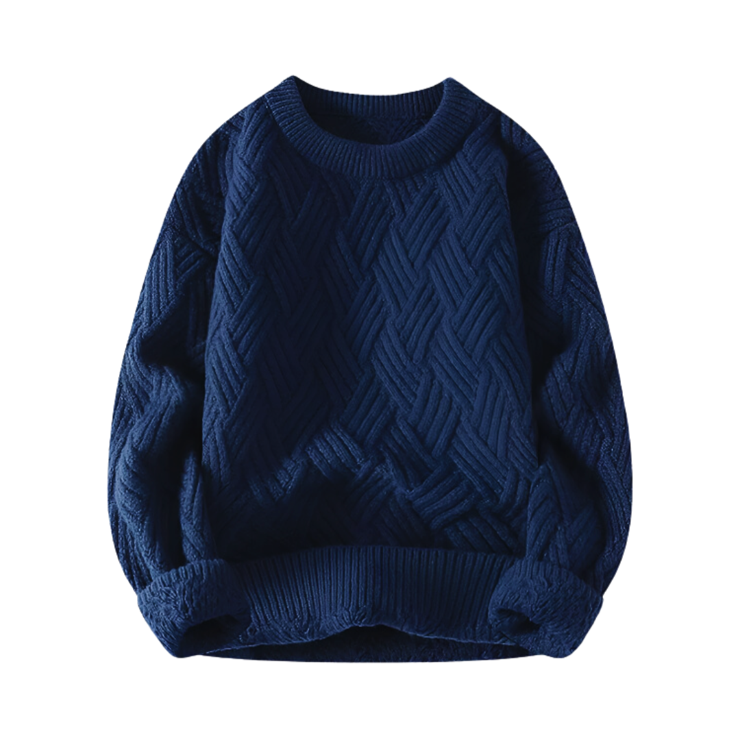 Men's ribbed knit crew neck sweater. Warm winter fashion for stylish casual wear. Cozy knitwear.