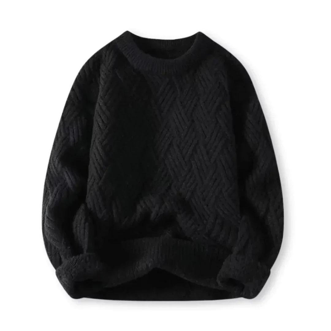 Full view of a man wearing a warm ribbed crew neck winter sweater, suitable for casual cold weather.