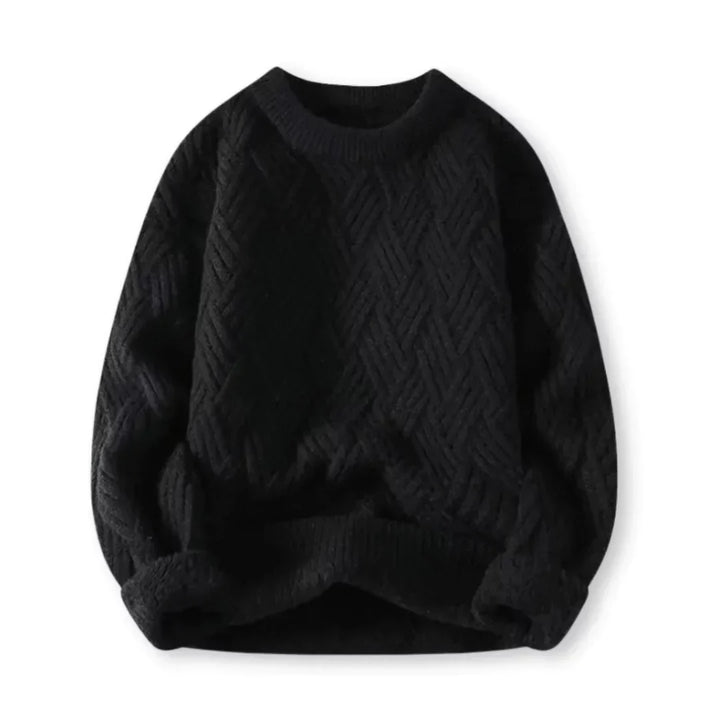Full view of a man wearing a warm ribbed crew neck winter sweater, suitable for casual cold weather.