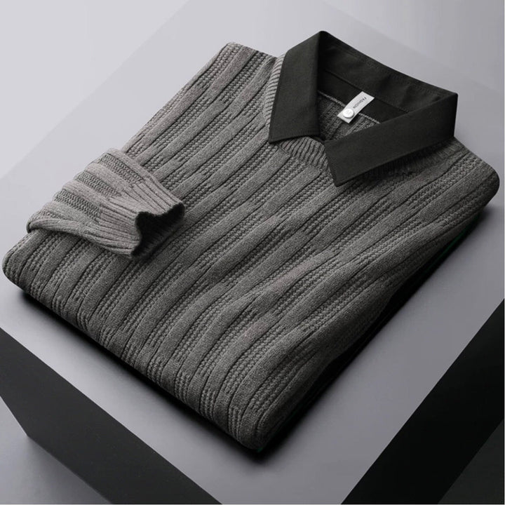 Men's ribbed knit polo collar sweater. Long sleeve, smart casual style for winter fashion.