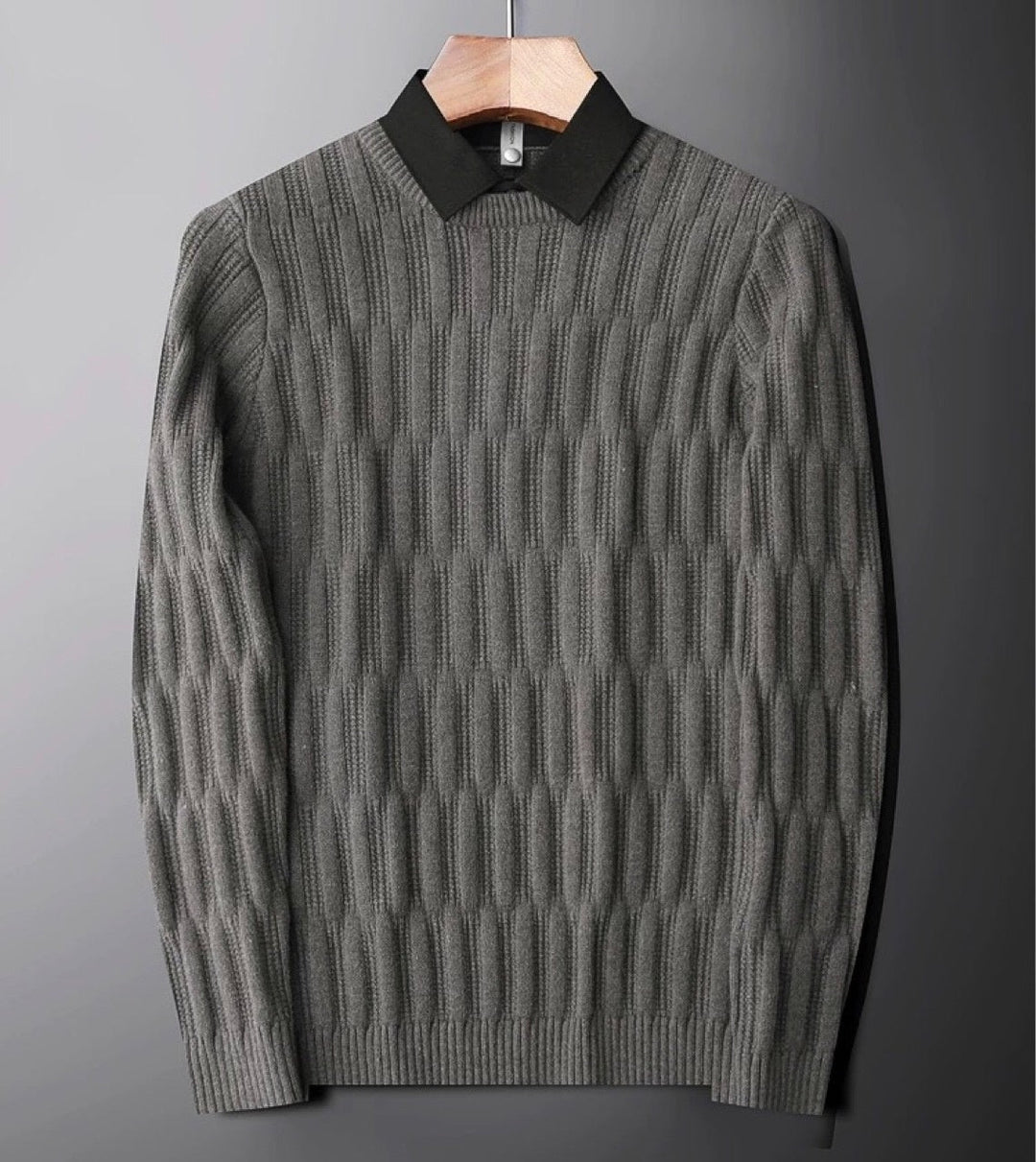 Cozy men's ribbed knit sweater with polo collar. Ideal for smart casual layering and winter fashion.