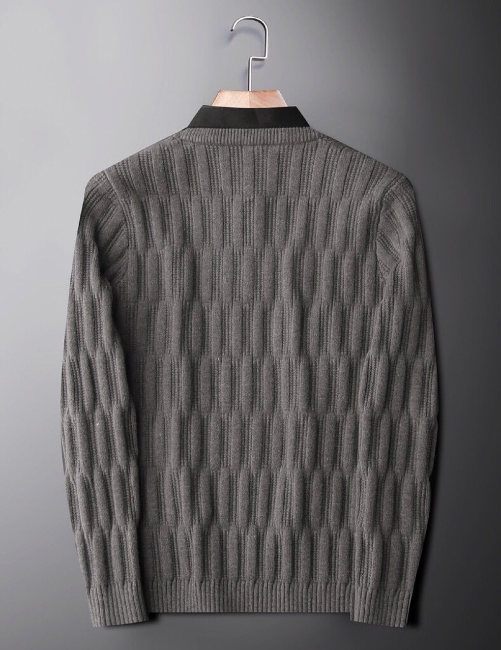Smart casual men's long sleeve polo collar sweater. Ribbed knit for comfortable winter wear and layering.