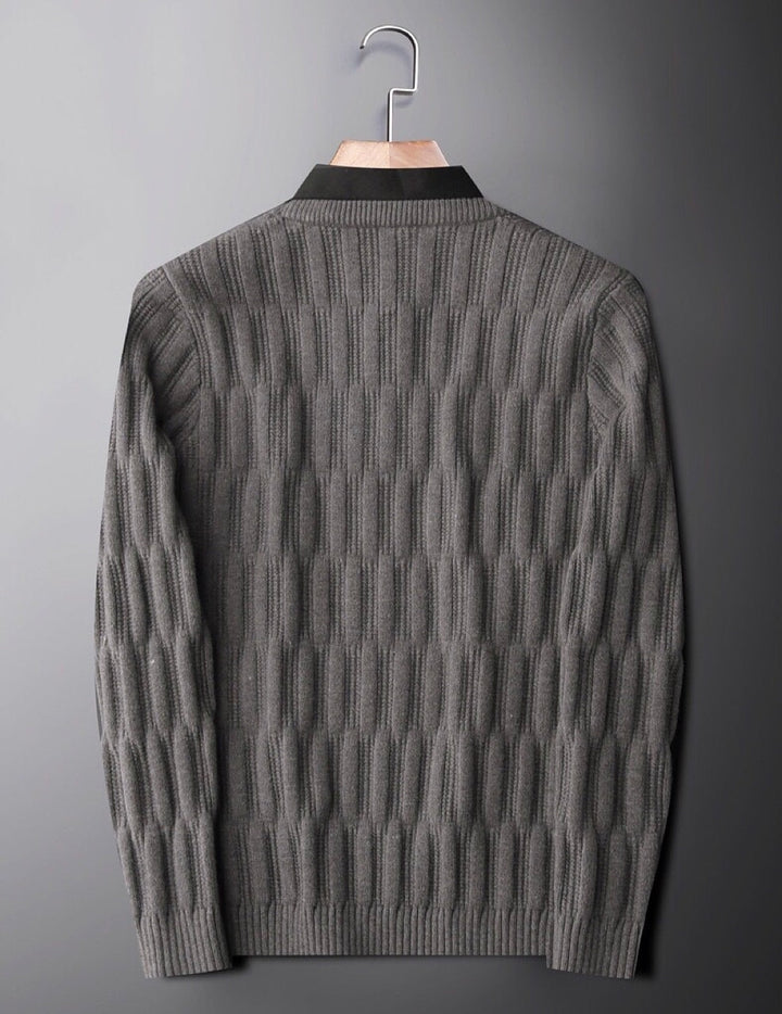 Smart casual men's long sleeve polo collar sweater. Ribbed knit for comfortable winter wear and layering.