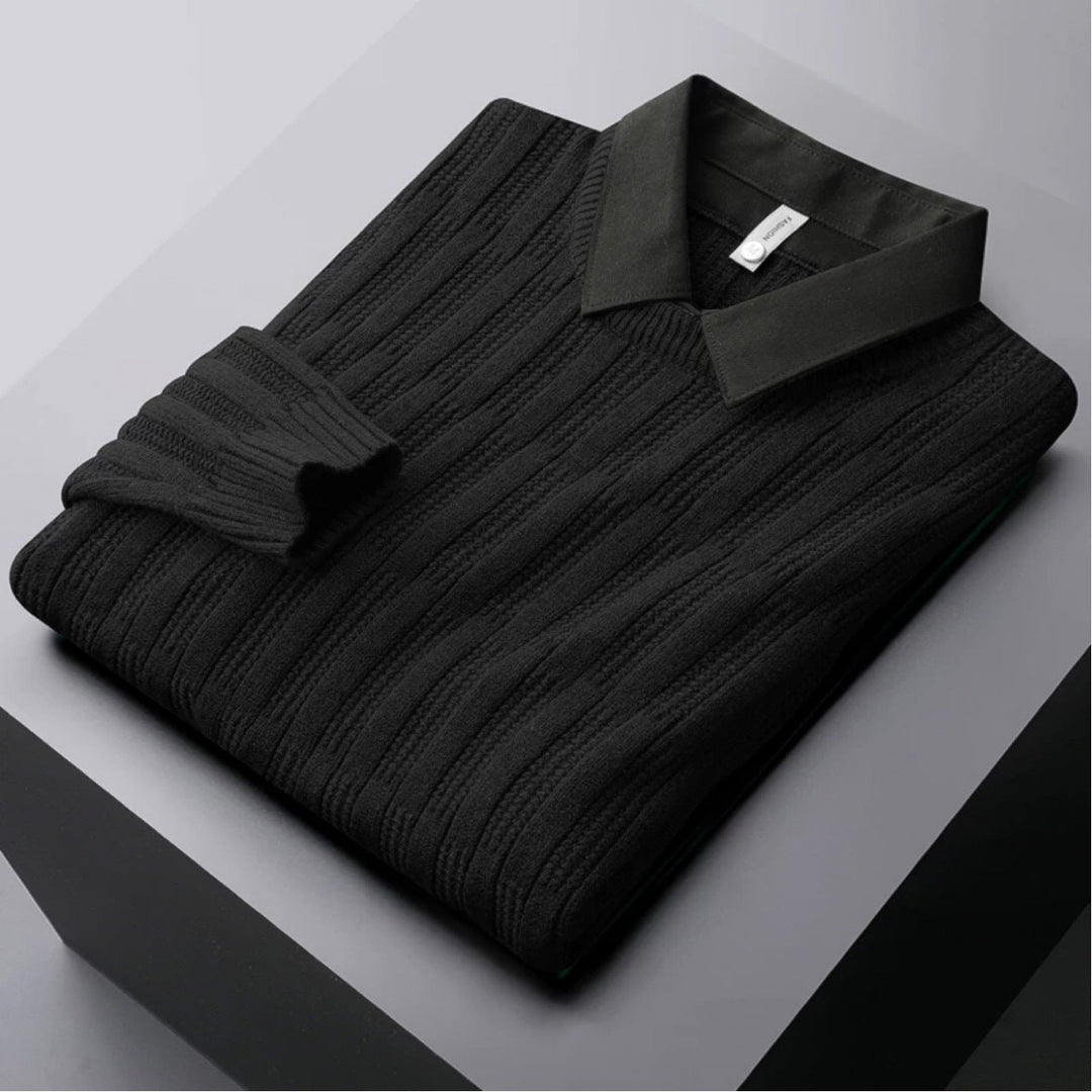 Cozy men's ribbed knit long sleeve sweater. Stylish polo collar, perfect for smart casual winter fashion.