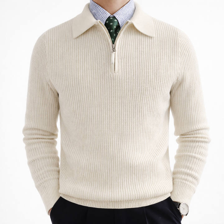 Textured ribbed knit men's quarter zip pullover, ideal for layering and everyday versatile winter fashion.