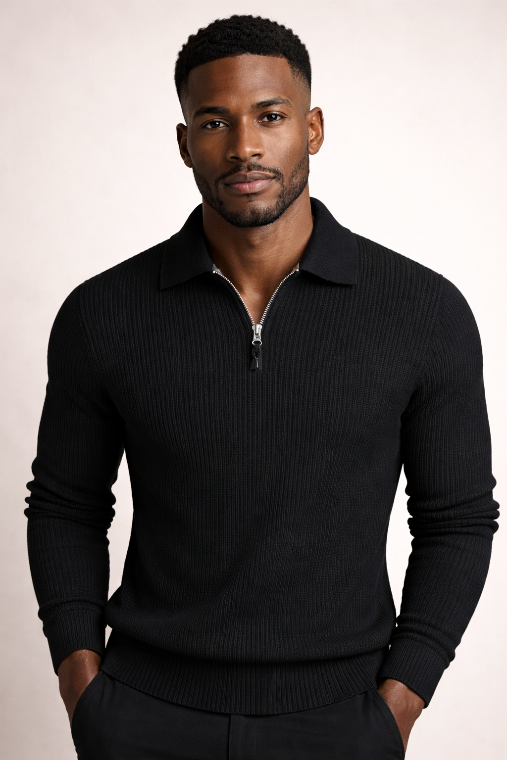 Stylish men's ribbed knit quarter zip pullover, perfect for casual wear or smart casual occasions in winter.