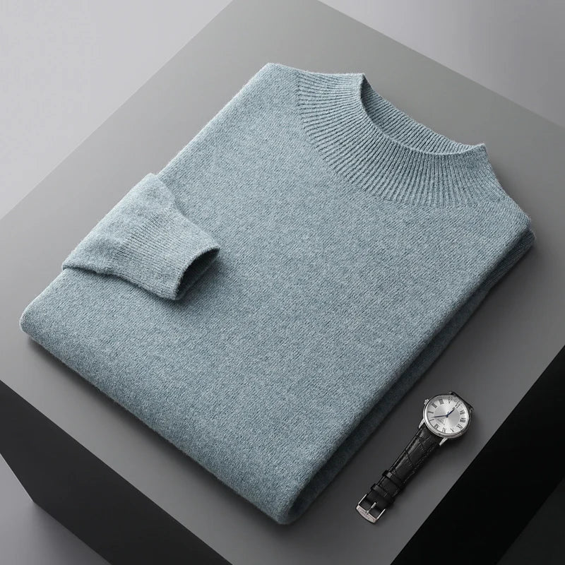 Stylish men's ribbed mock neck sweater, an essential winter fashion item for a polished and cozy look.